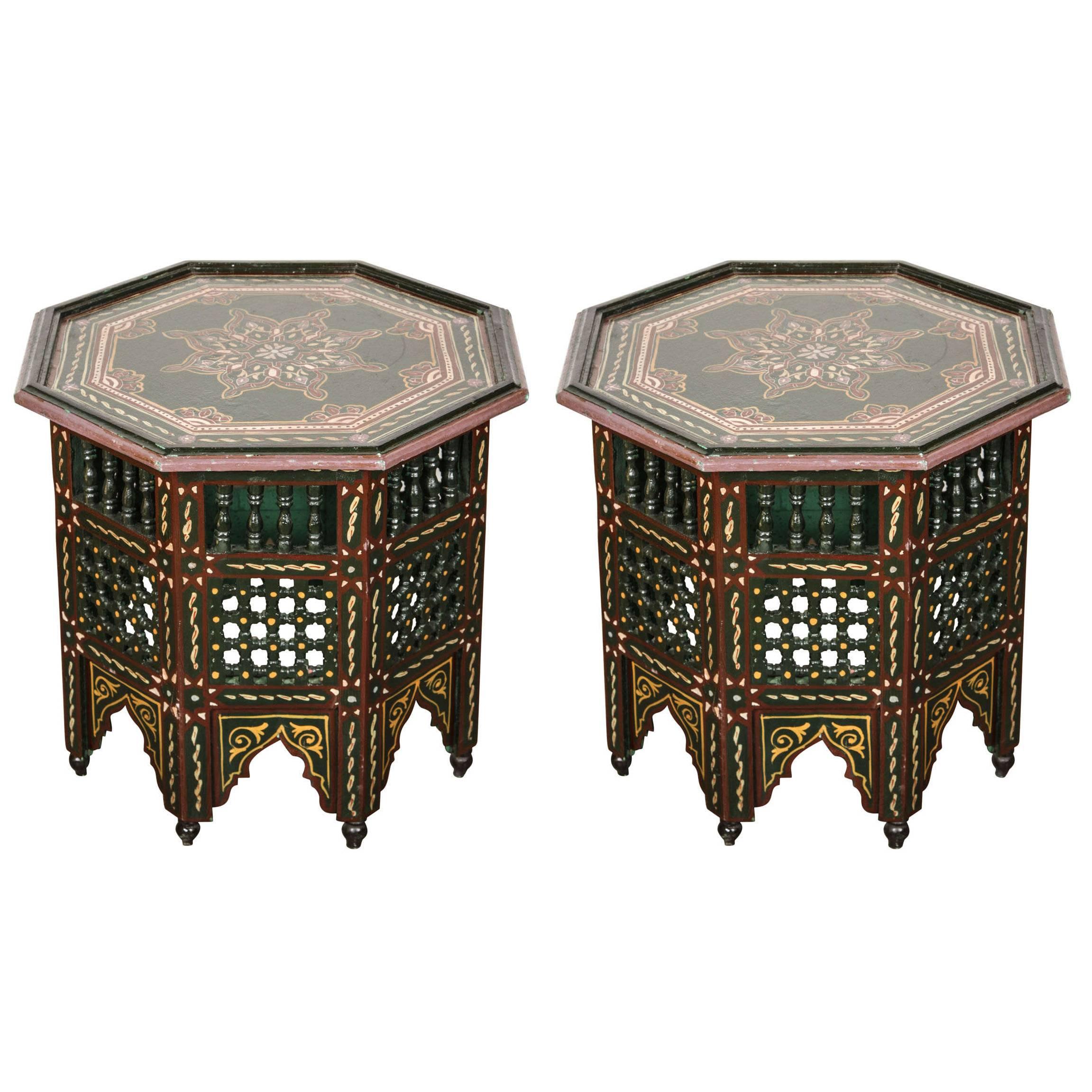 Pair of Moroccan Hand-Painted Dark Green Side Table