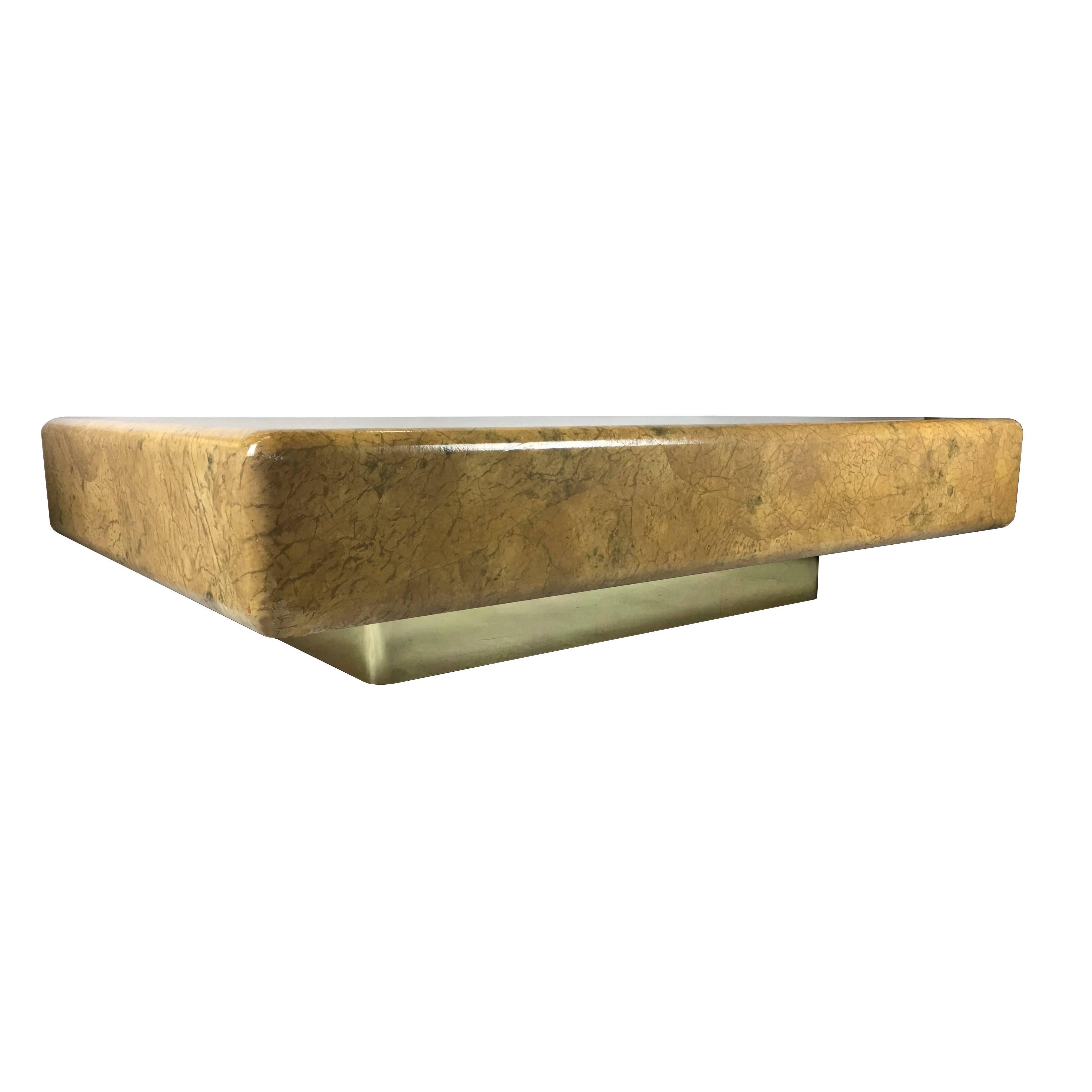 Modern Monumental Parchment Clad Cocktail Table with Brass Base
