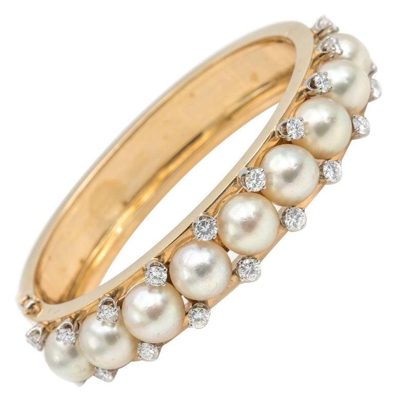Pearl Diamond Gold Bangle Bracelet For Sale at 1stdibs