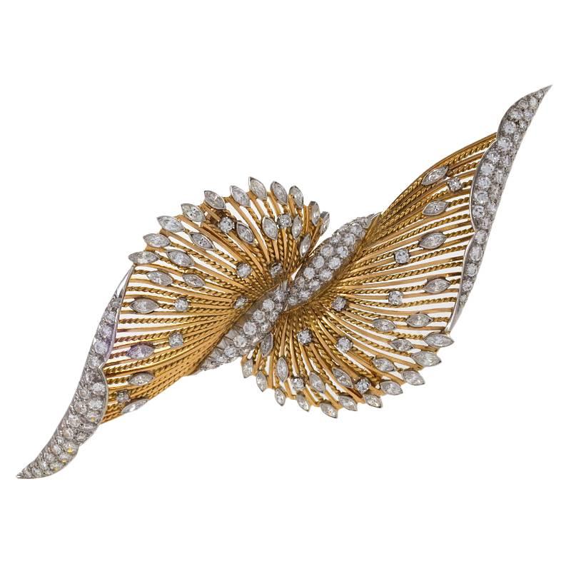 Pair Pierre Sterlé 1950's Diamond Gold Platinum Clip Brooches