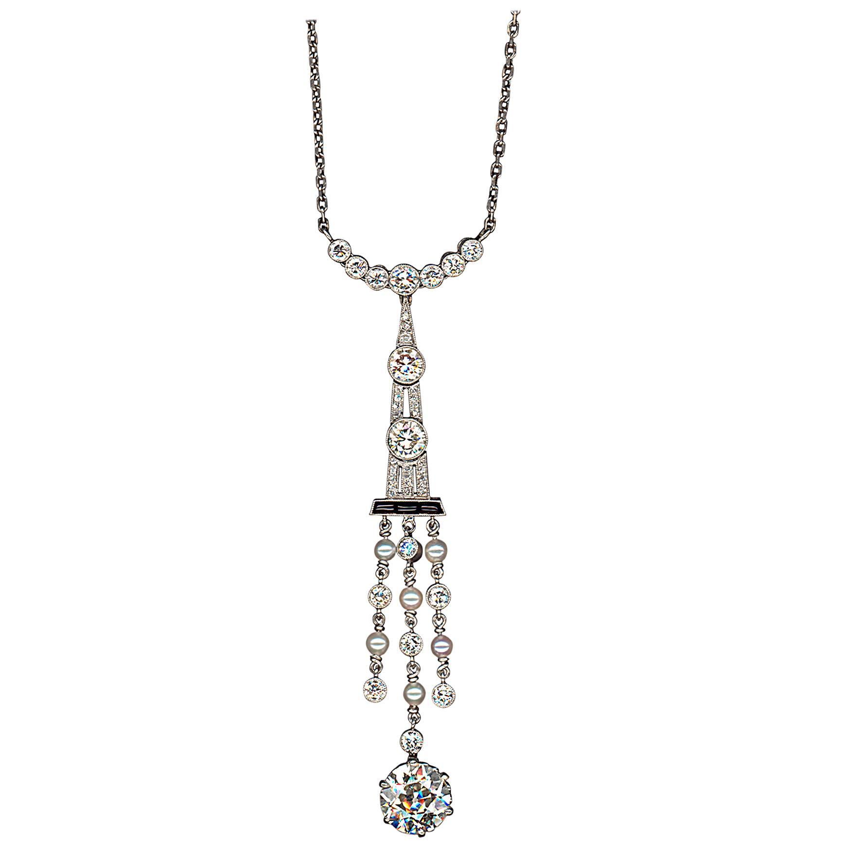 1920s Art Deco Onyx Pearl Diamond Platinum Pendant