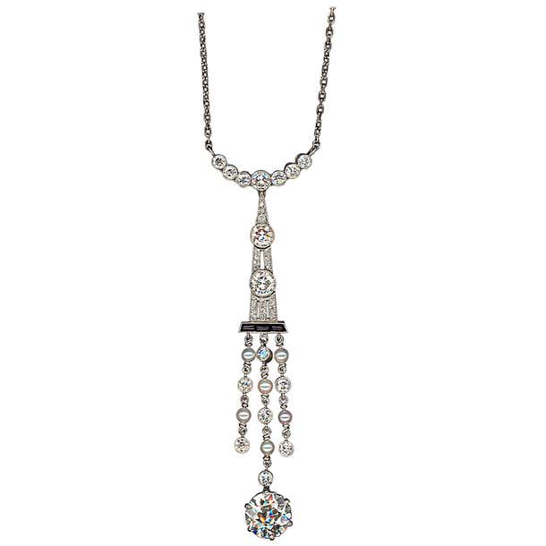 1920s Art Deco Onyx Pearl Diamond Platinum Pendant For Sale at 1stDibs