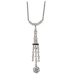 1920s Onyx Pearl Diamond Platinum Pendant 3
