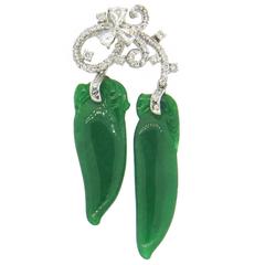 Certified Natural Carved Green Jadeite Jade Diamond Gold Drop Pendant