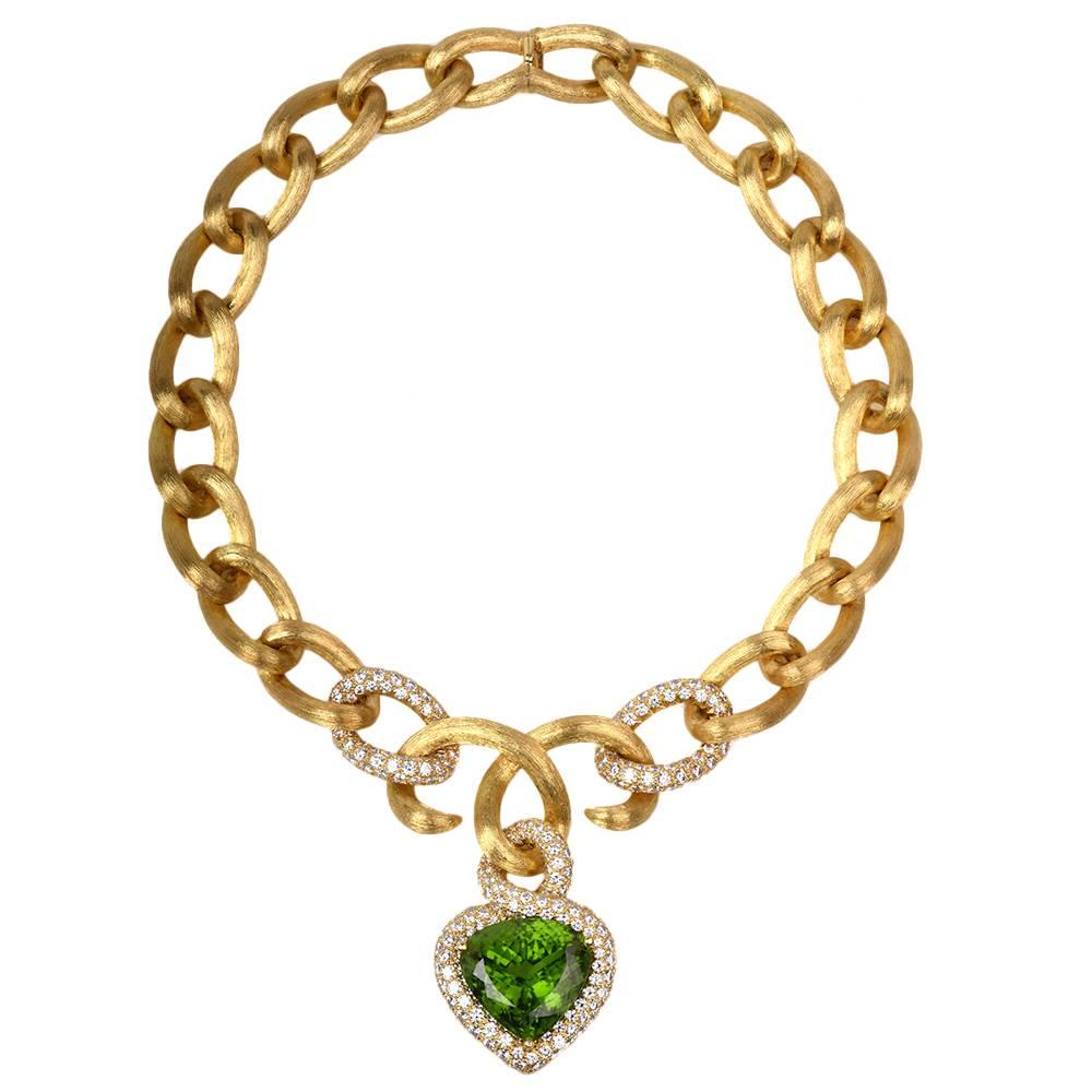 Henry Dunay GIA Cert 61.97 Carat Peridot Diamond gold Heart Pendant Necklace