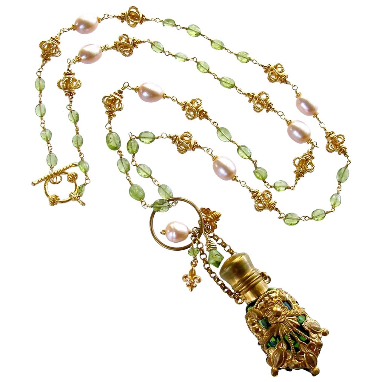 Victorian Chatelaine Scent Bottle Necklace Peridot Pink Pearls
