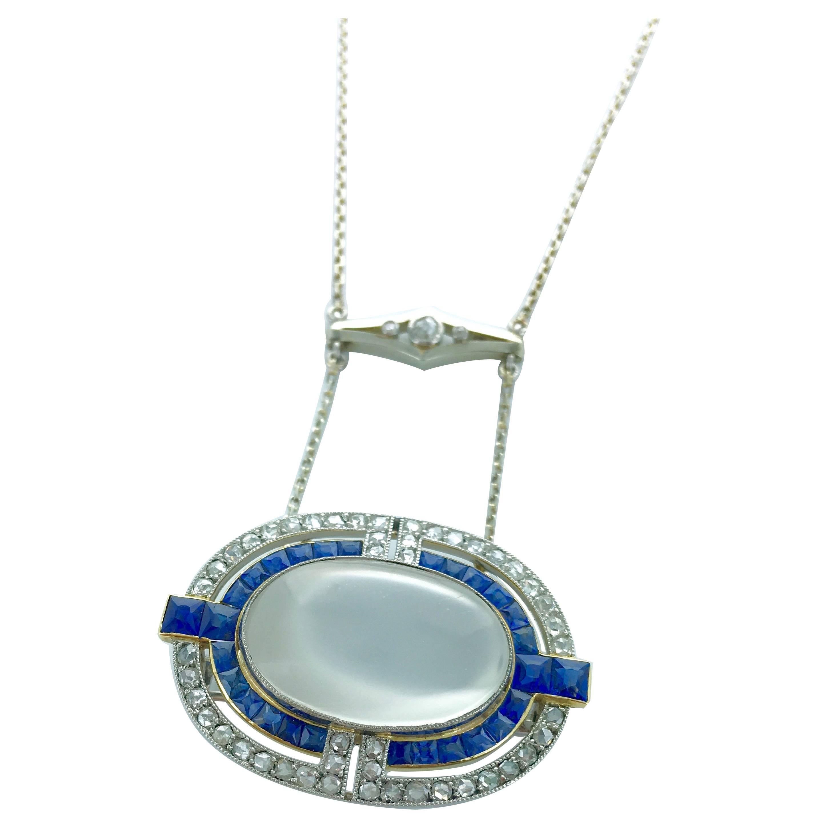 1915 Cartier Art Deco Moonstone Diamond Sapphire Brooch Necklace