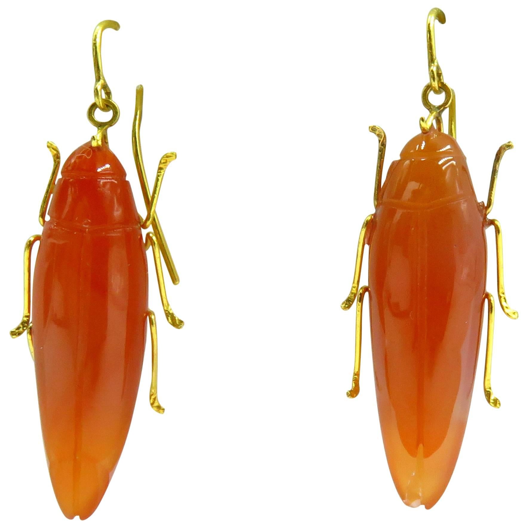 Unique Hand Carved Carnelian Gold Bug Motif Drop Earrings