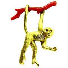 Vintage E. Wolfe & Co. Whimsical Large Diamond Ruby Monkey Swinging on Coral Branch pin