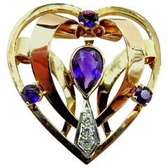 1940s Amethyst Diamond Two Color Gold Platinum Heart Shaped Pin