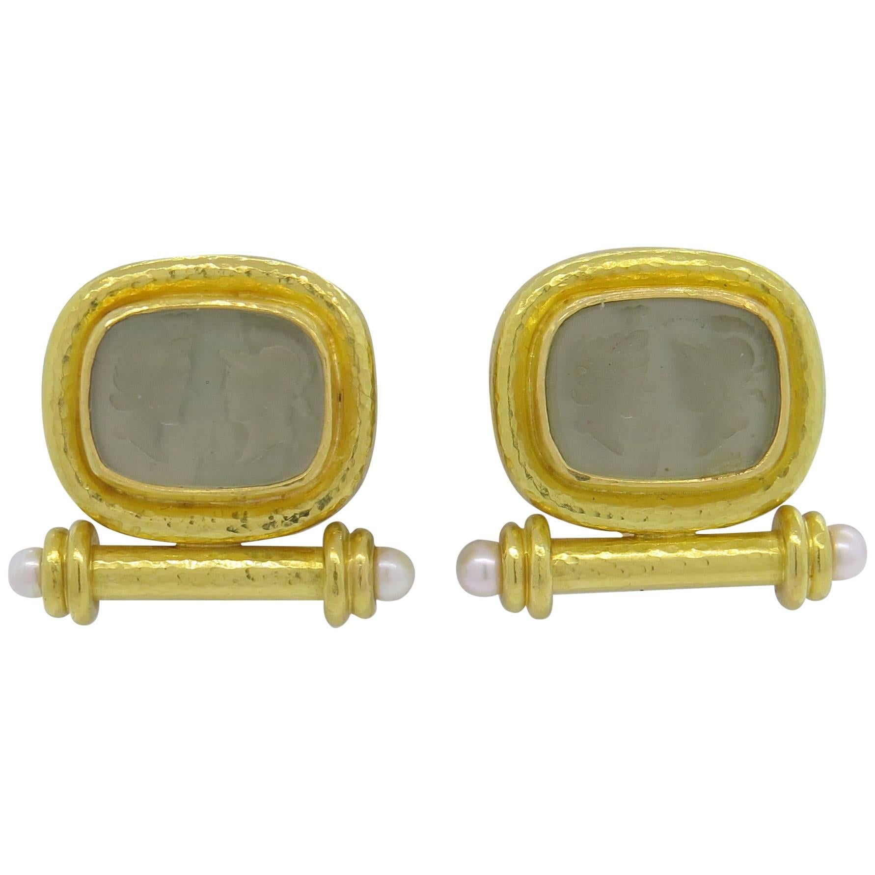Elizabeth Locke Venetian Glass Intaglio Pearl Gold Earrings 