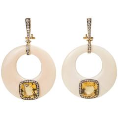 yellow beryl Brilliant Cut Diamond gold dangle earrings