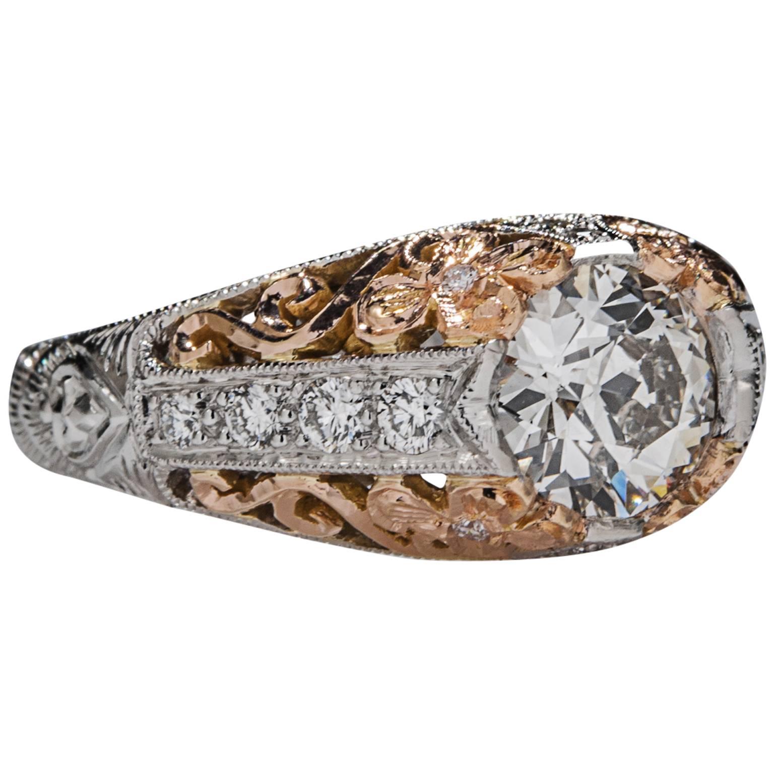 1.01 Carat Diamond Gold Platinum Engagement Ring For Sale