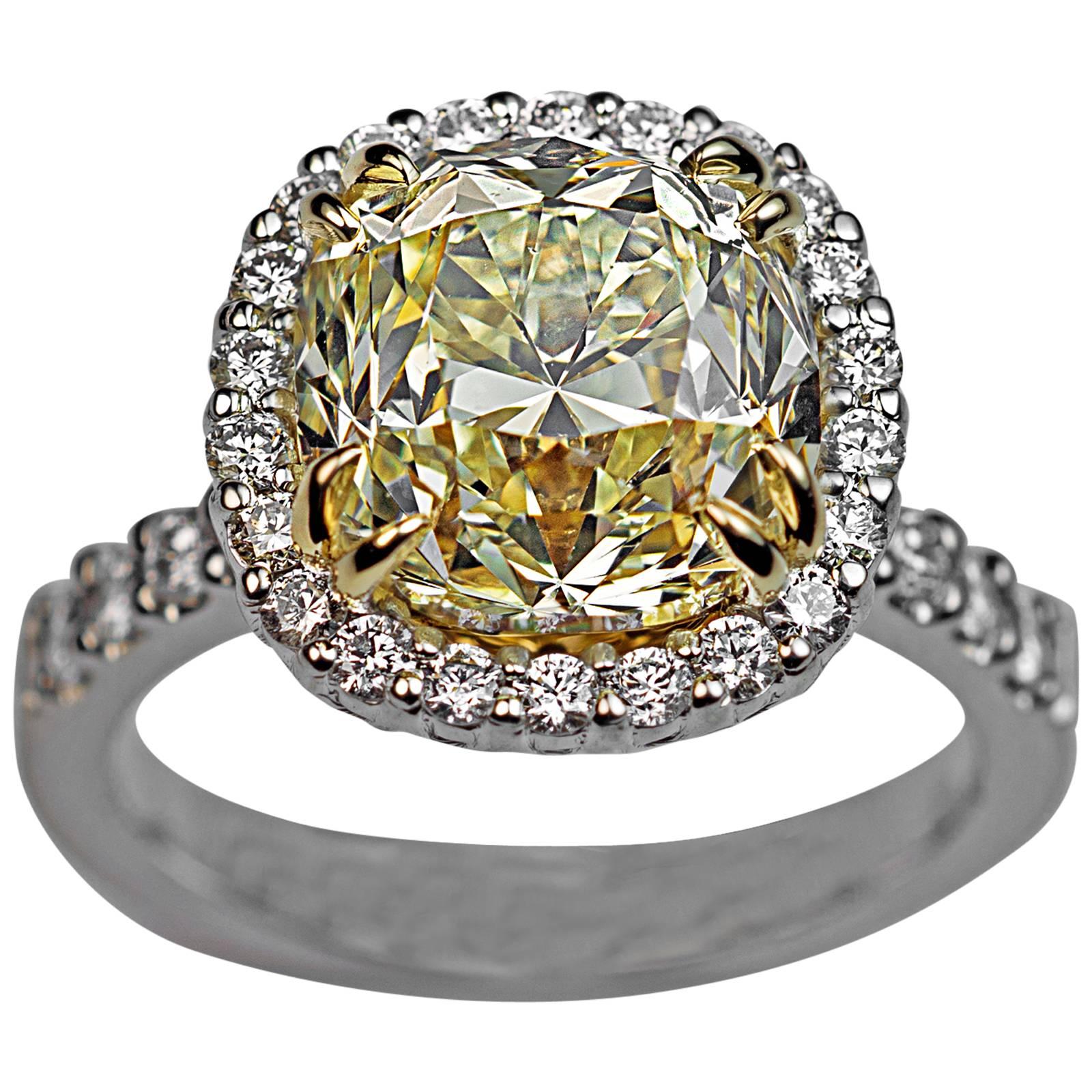 5.37 Carat GIA Fancy Light Yellow Cushion Cut Diamond Engagement Ring For Sale