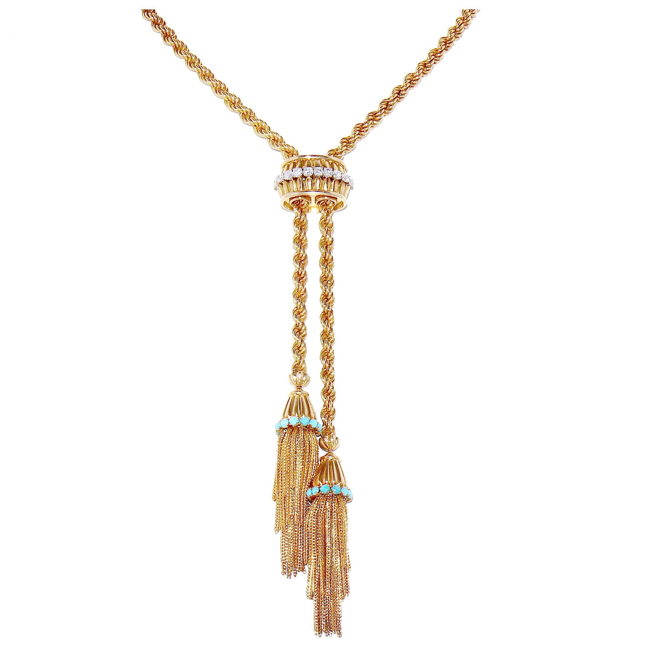 Diamond Turquoise Gold Tassel Necklace
