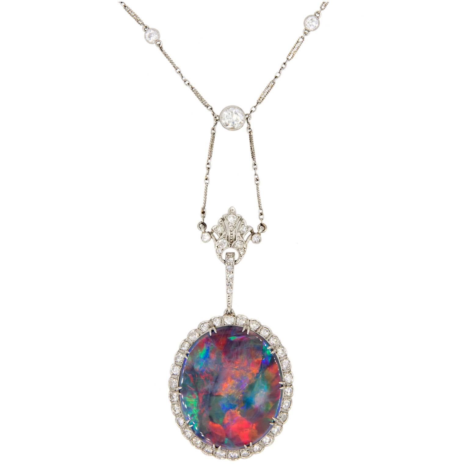  One-of-a-kind period necklace for opal aficionados and Edwardian period collectors alike.   A spectacular Lightning Ridge black opal weighing approximately 20 carats - this translates to 1