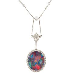 Extraordinary Edwardian Lightning Ridge Black Opal Diamond Necklace