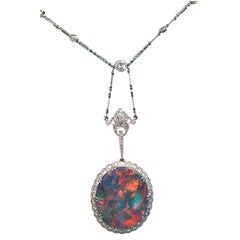 Antique Extraordinary Edwardian Lightning Ridge Black Opal Diamond Necklace