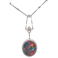 Extraordinary Edwardian Lightning Ridge Black Opal Diamond Necklace
