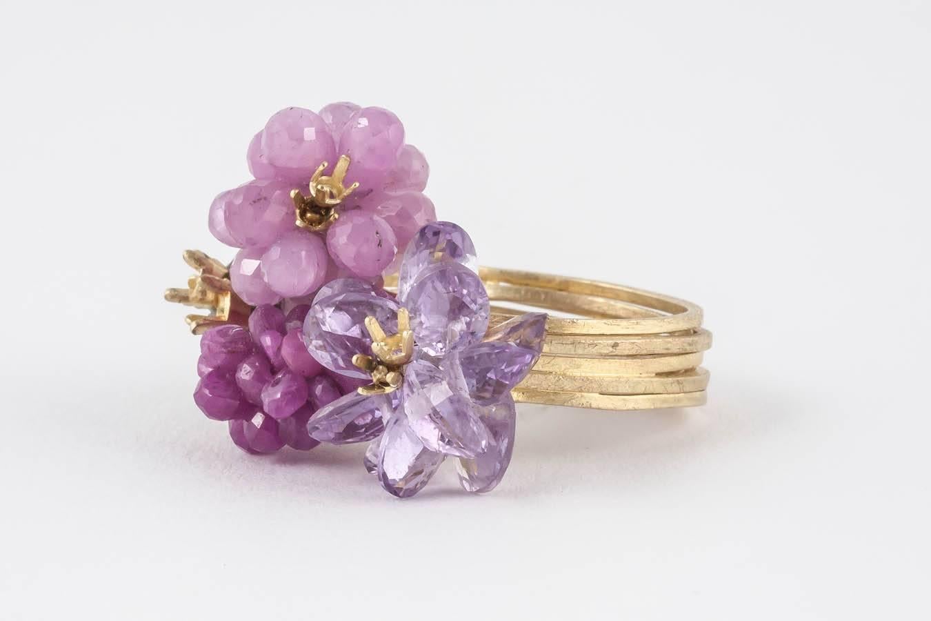 Women's Donna Brennan Ruby Pink Tourmaline Amethyst Diamond Gold Ring For Sale