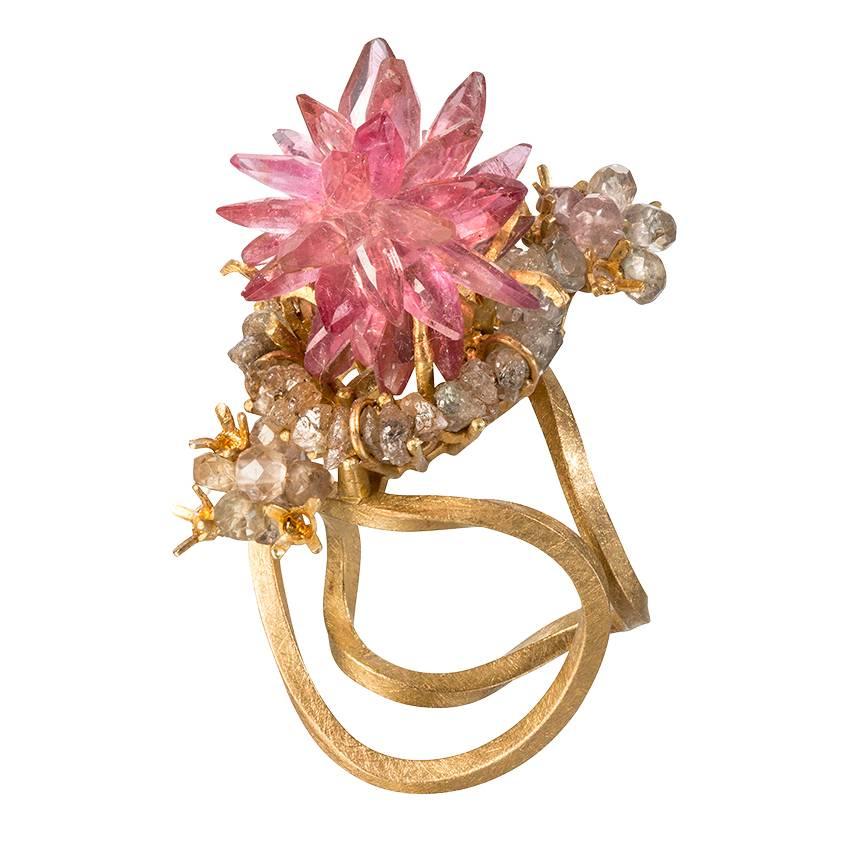Donna Brennan Pink Tourmaline Sapphire Rough Diamond Gold Ring For Sale