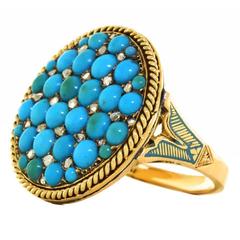 Antique Enamel Persian Turquoise Diamond Roped Gold Ring
