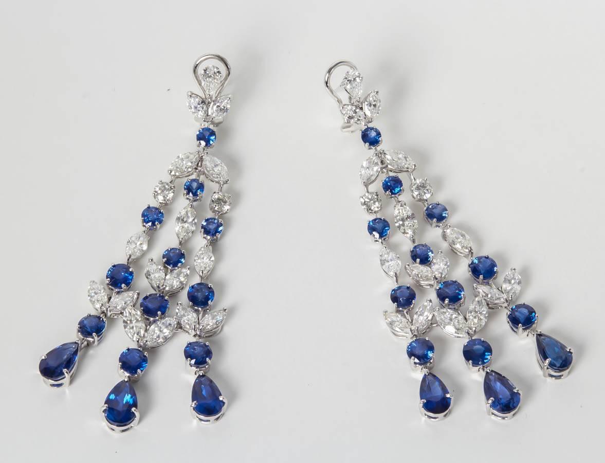 Pear Cut Sapphire Diamond Platinum Chandelier Earrings For Sale