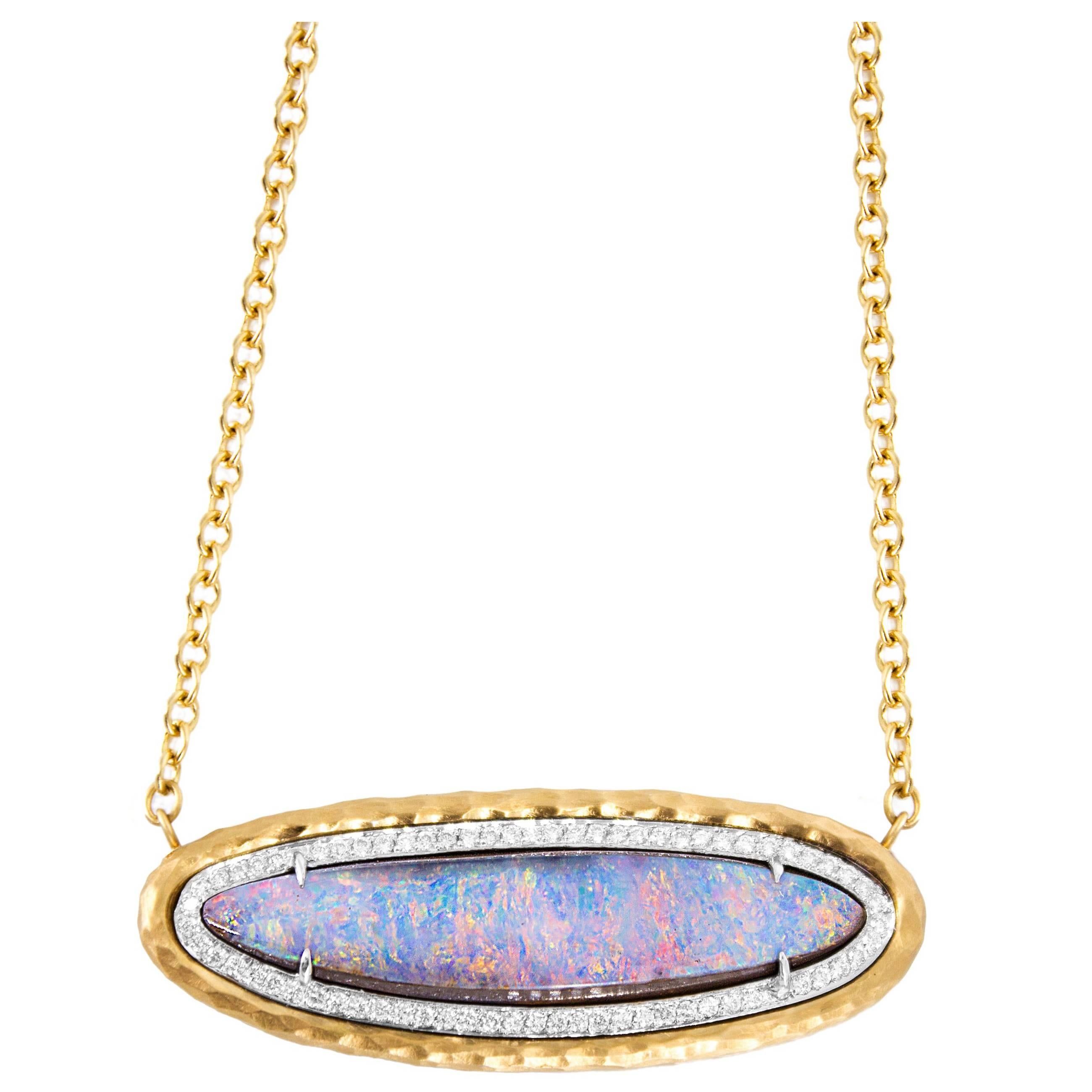 Pamela Froman Fiery Boulder Opal White Diamond Gold One of a Kind Necklace