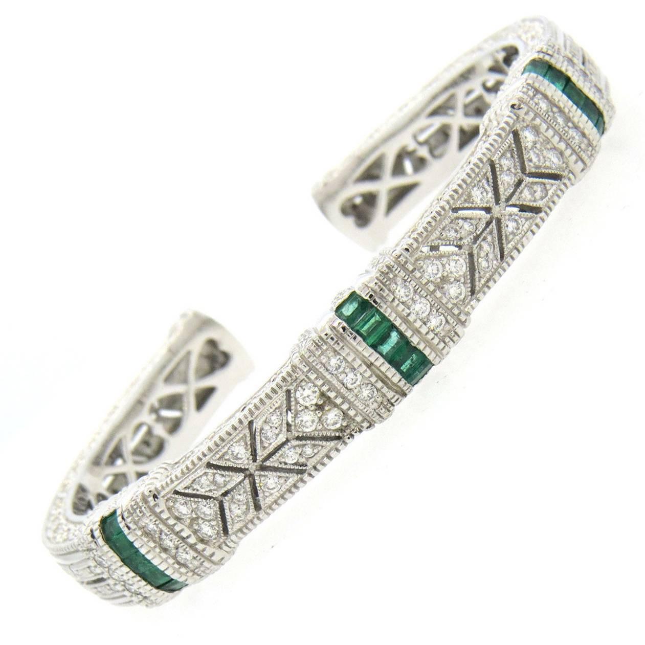 Judith Ripka Emerald Diamond Gold Cuff Bracelet at 1stdibs