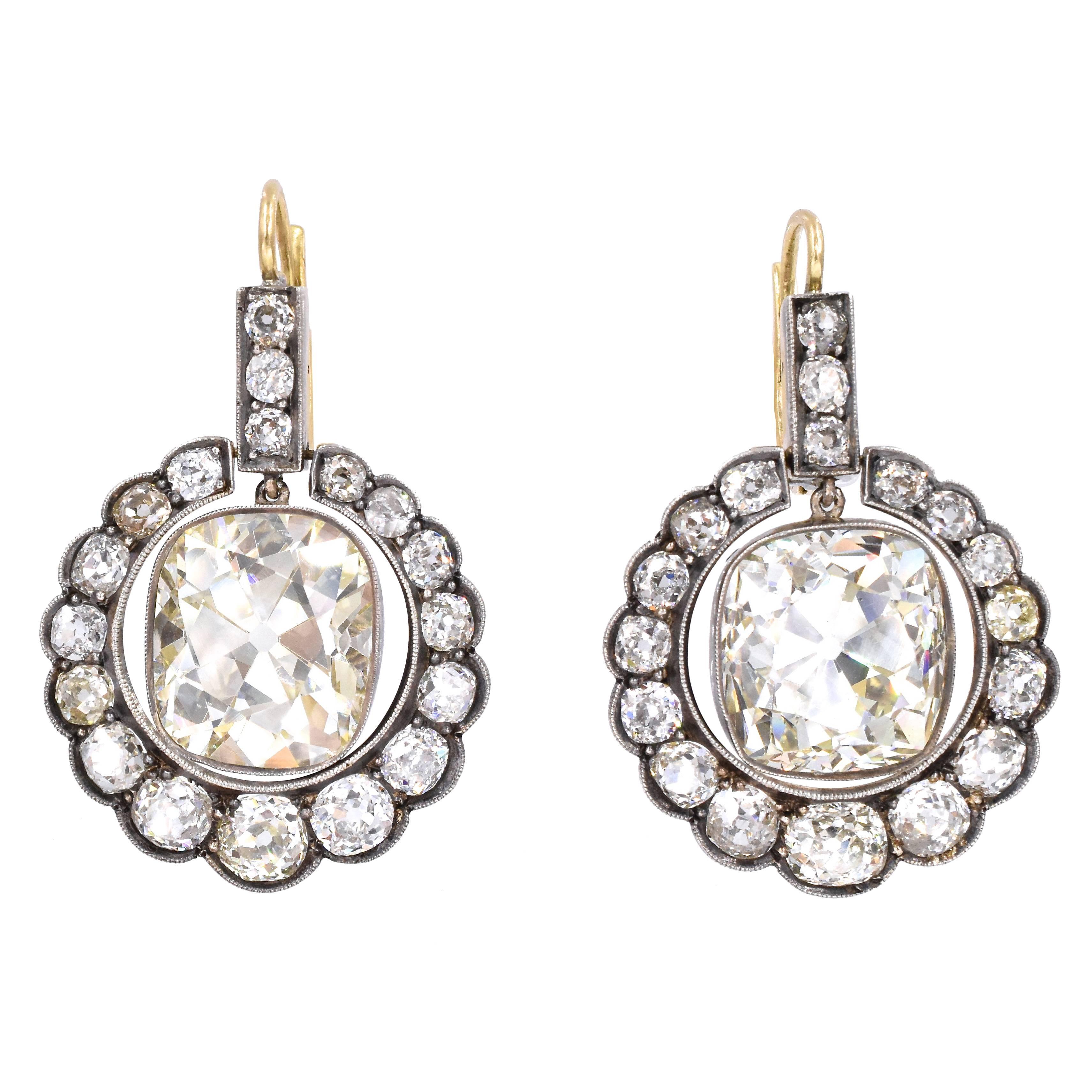 Boucles d'oreilles victoriennes en diamant de forme coussin ancienne de 23,17 carats