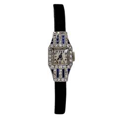 Lady's Platinum Art Deco Diamond Sapphire Quartz Wristwatch