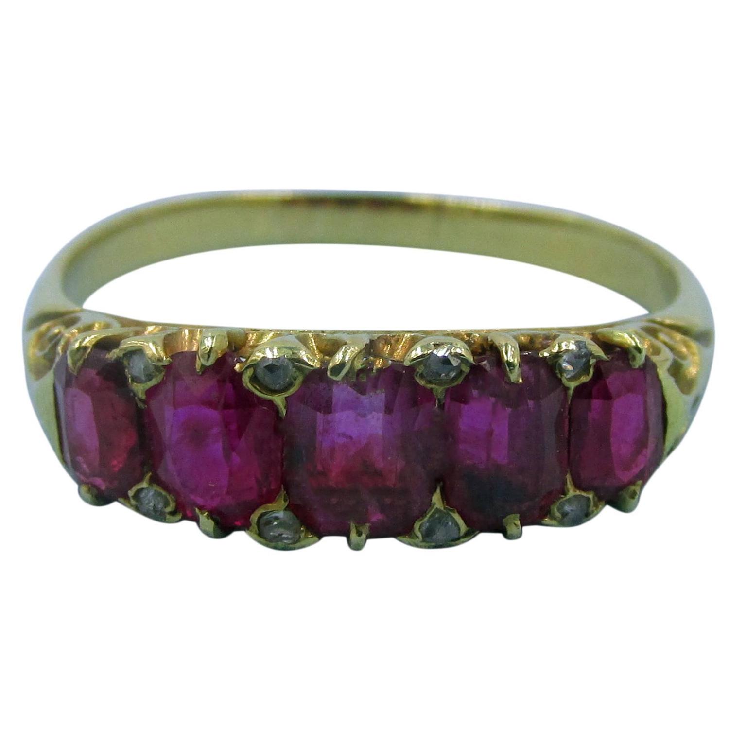 Antique Five Stone Ruby Ring with Diamonds For Sale at 1stdibs