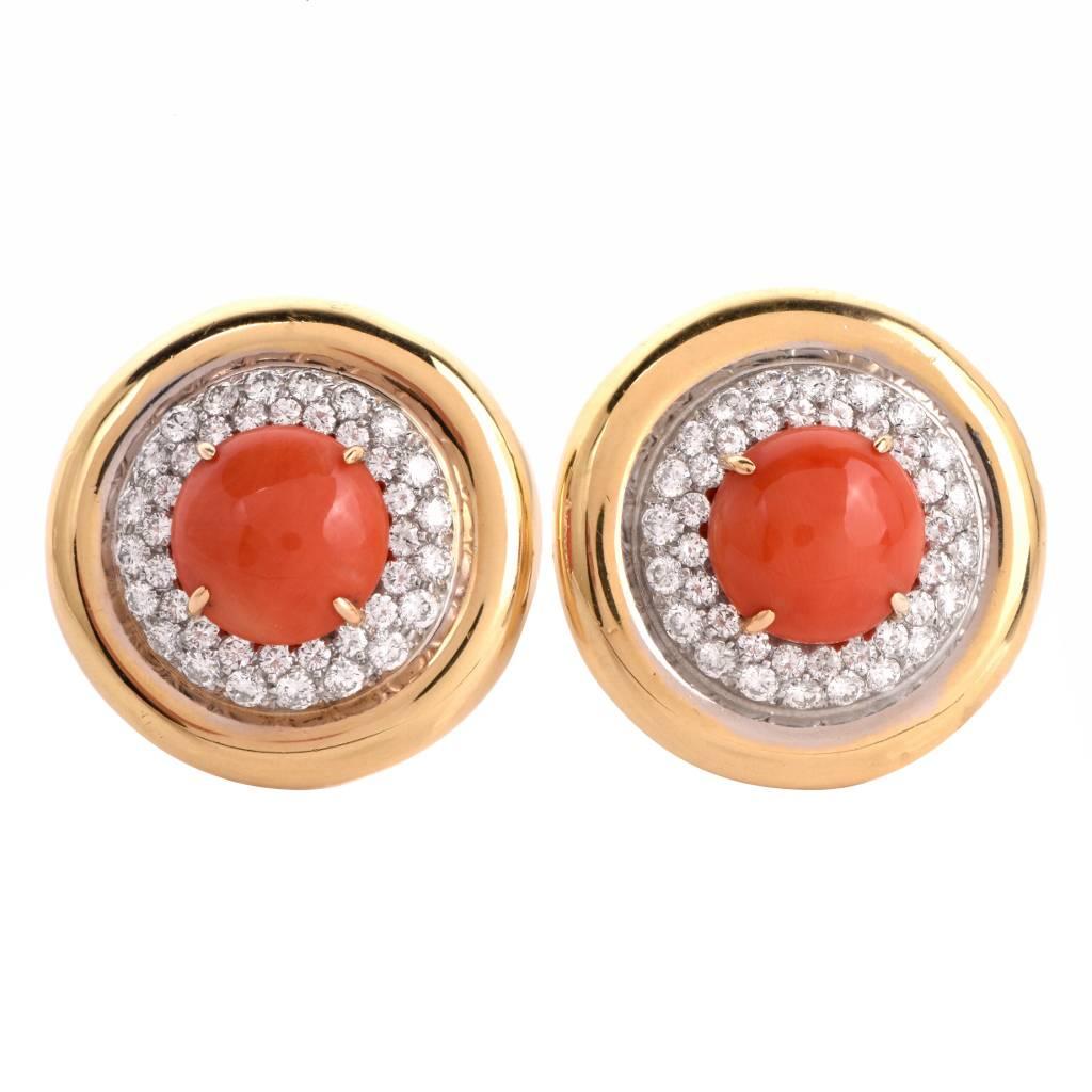 Coral Diamond Gold Clip Earrings