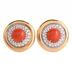 Coral Diamond Gold Clip Earrings