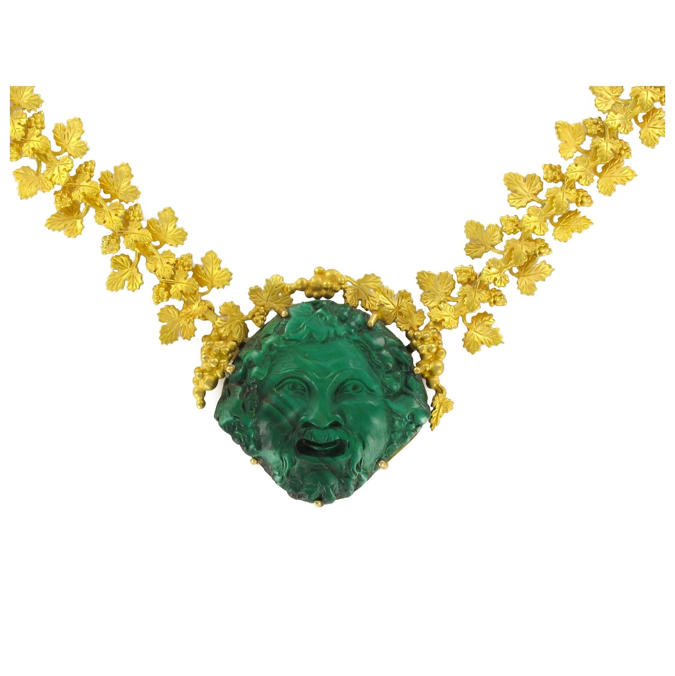 French Empire Malachite Cameo Gold Necklace For Sale