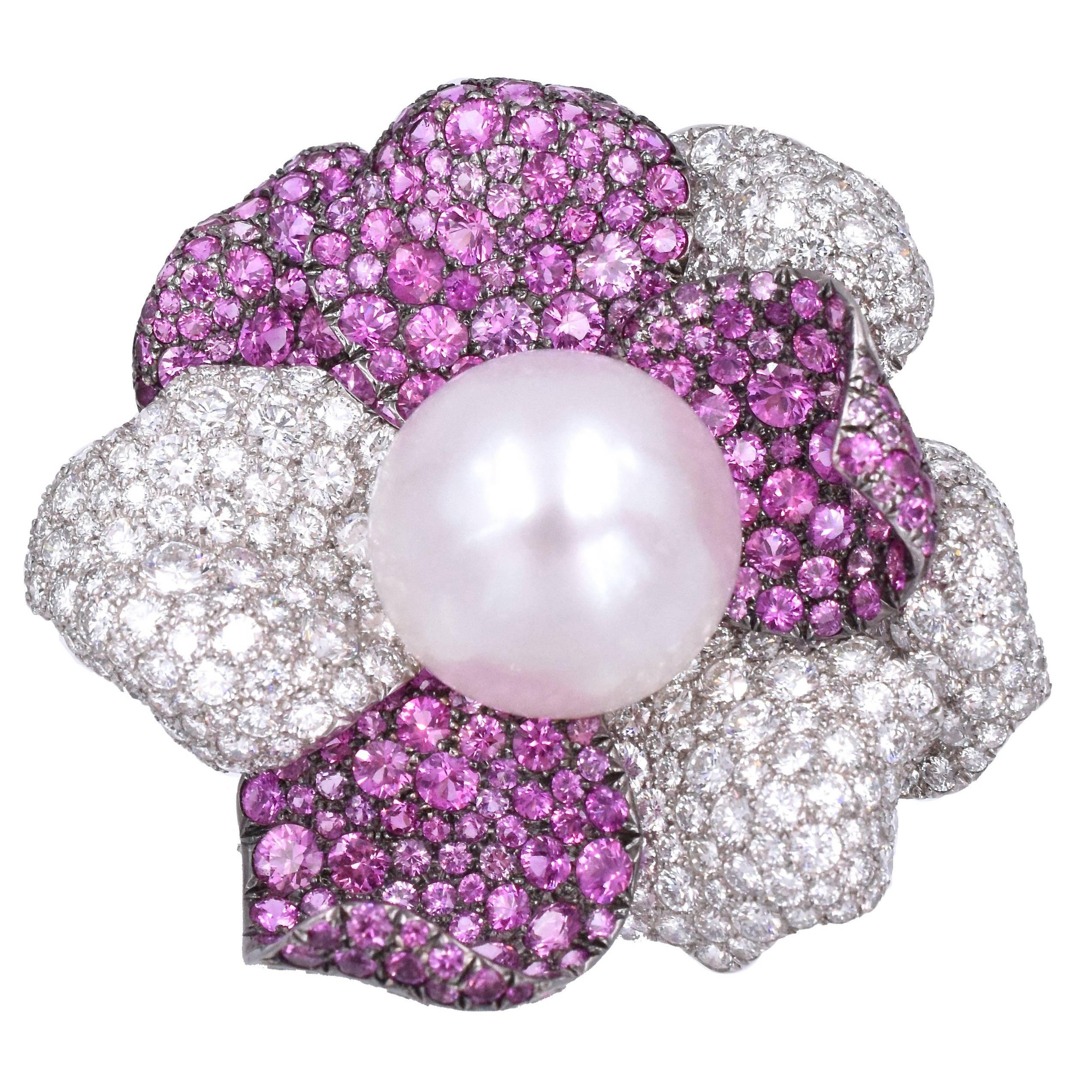 De Grisogono Pearl, Diamond and Pink Sapphire Brooch For Sale