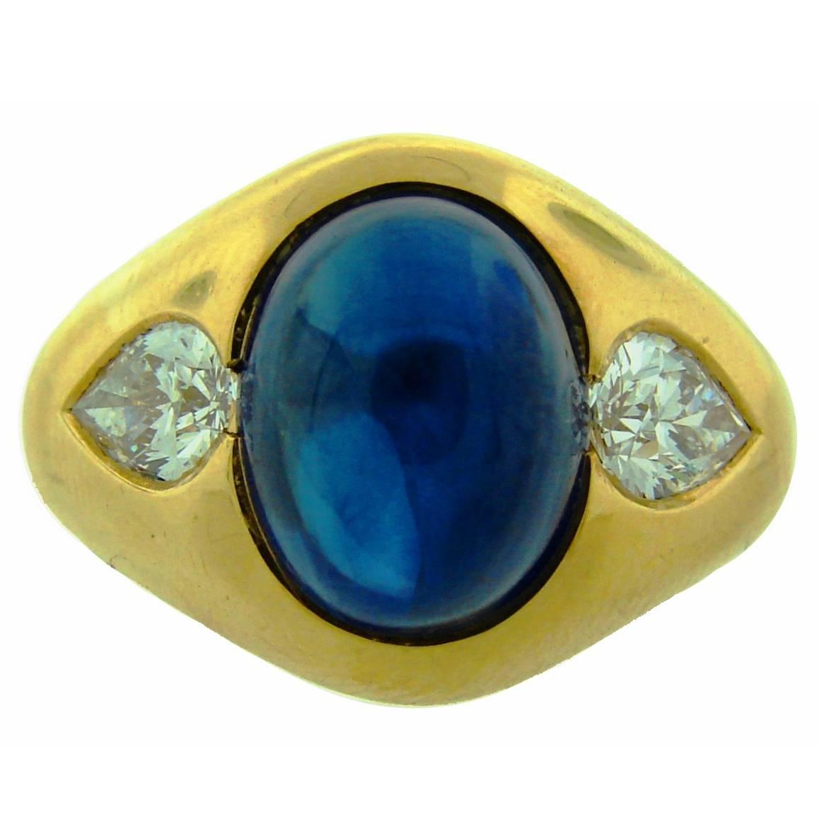1970s Bulgari Cabochon Sapphire Diamond Gold Ring