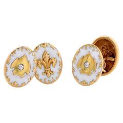 1900s White Enamel Old Mine Cut Diamond Yellow Gold Cufflinks