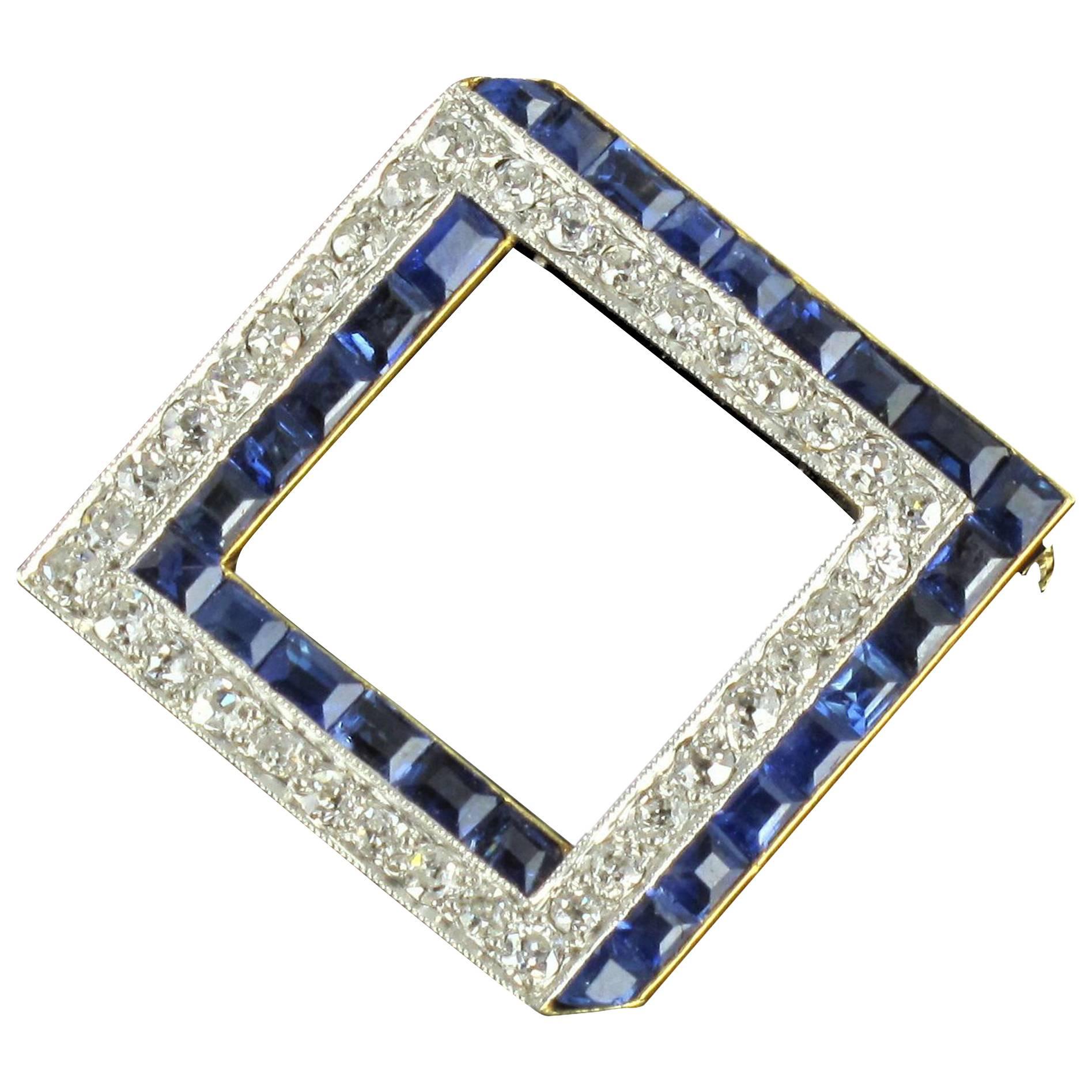 French Art Deco Calibrated Sapphire Diamond Gold Platinum Brooch