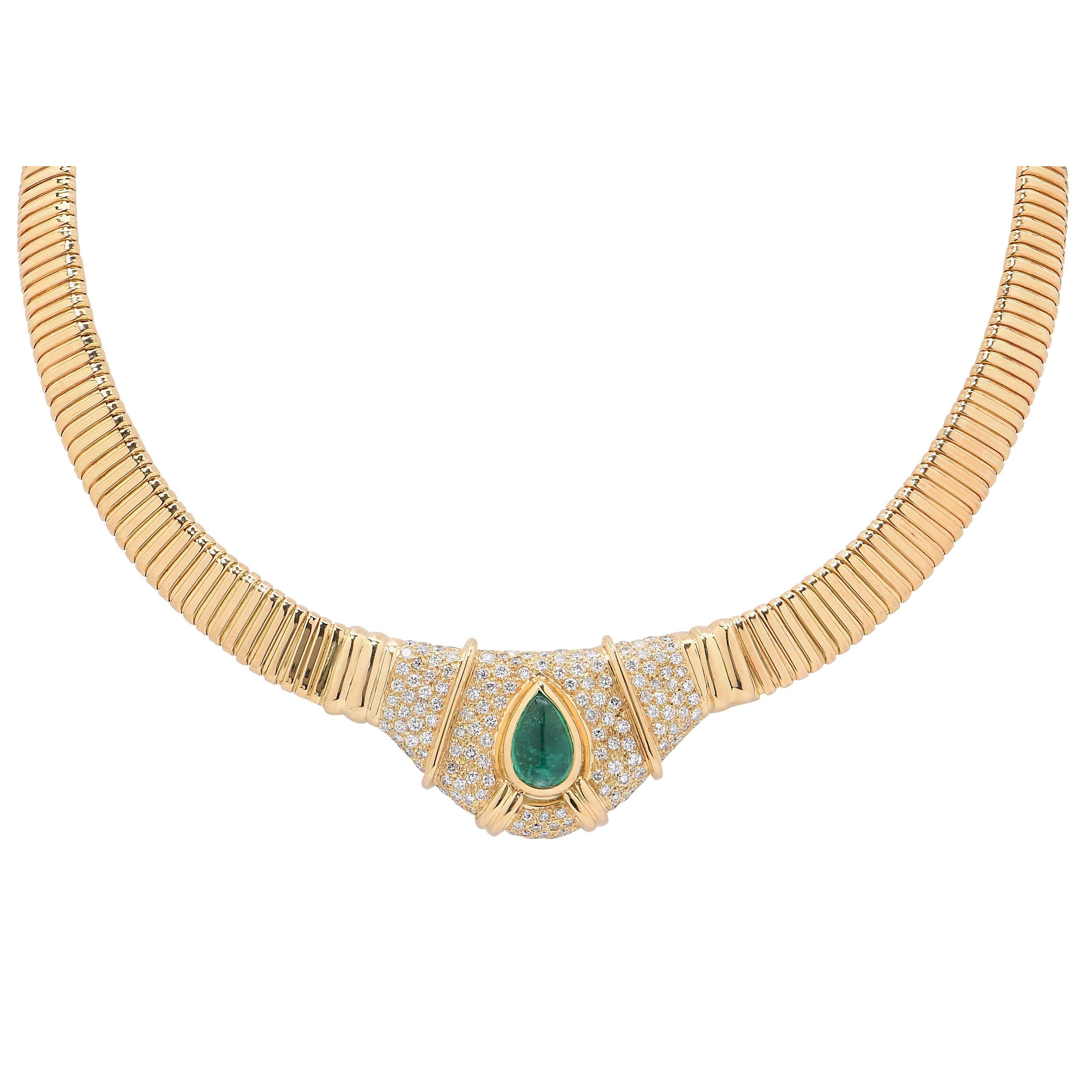 3 Carat Natural Cabochon Drop Emerald Diamond Gold Tubogas Necklace