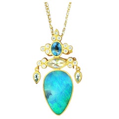 Paula Crevoshay Boulder Opal Aquamarine Moonstone Gold Pendant