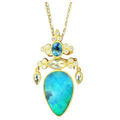 Paula Crevoshay Boulder Opal Aquamarine Moonstone Gold Pendant 9