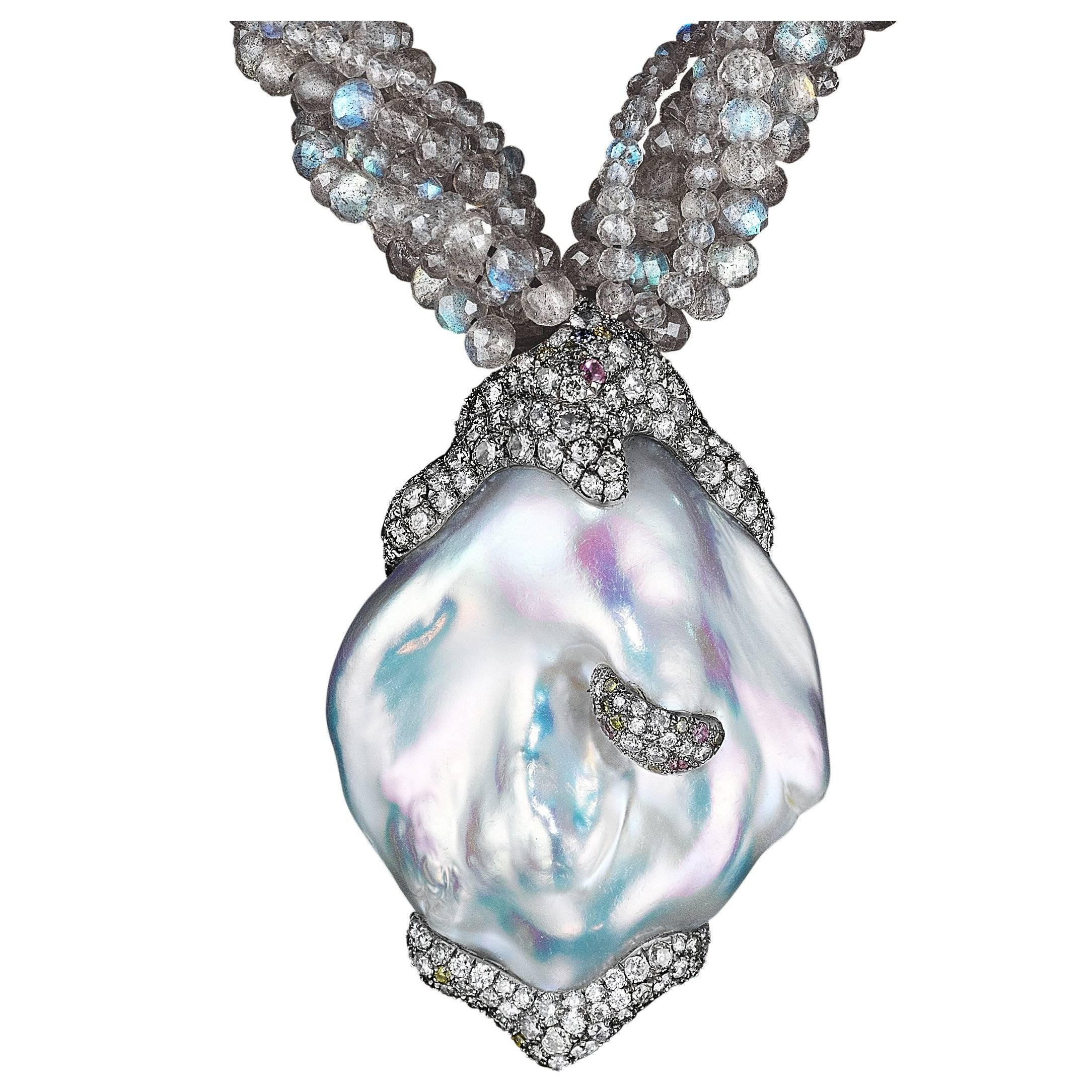 Naomi Sarna Diamond Pearl Labradorite Gold Necklace For Sale