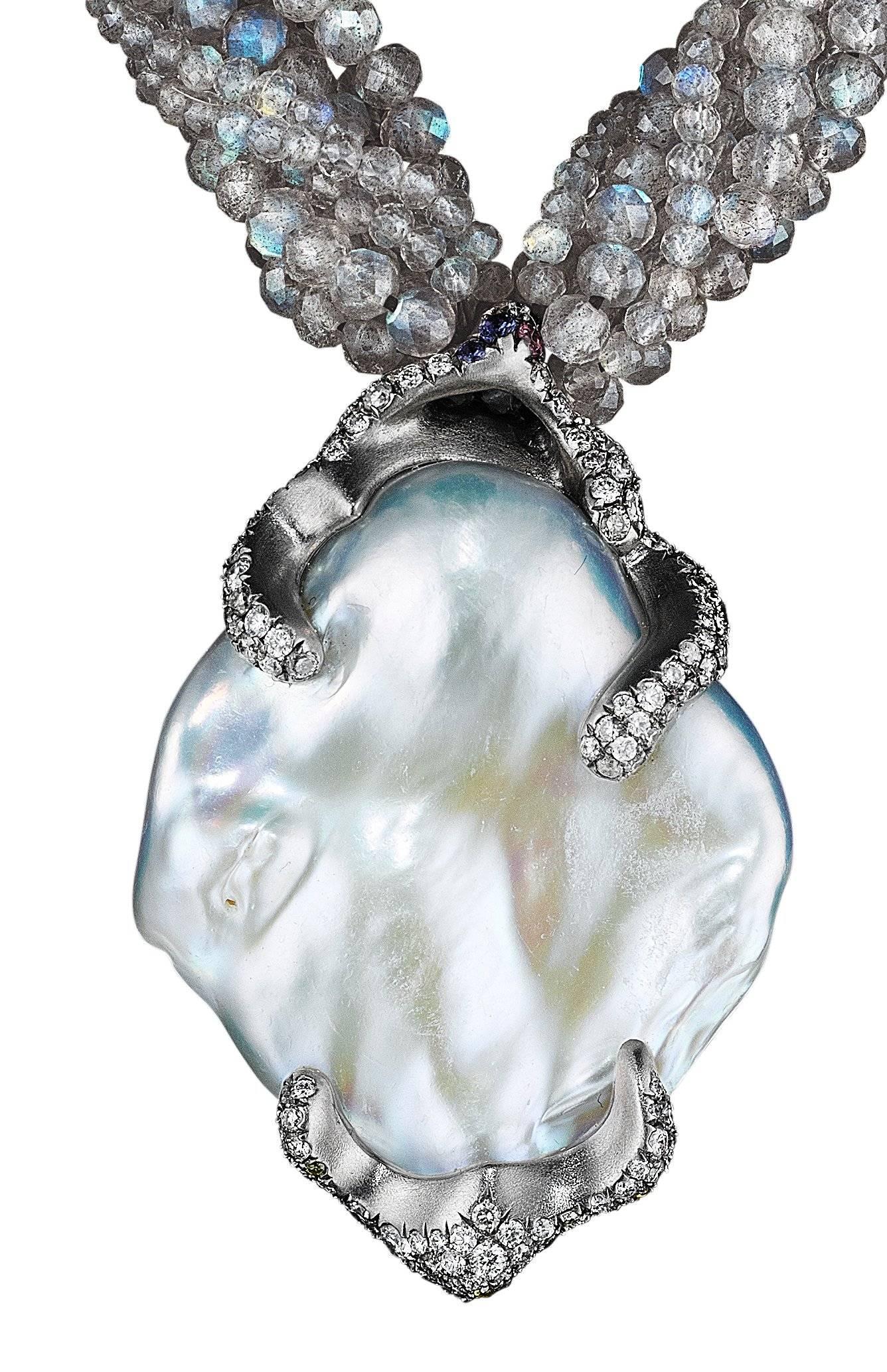 Naomi Sarna Diamond Pearl Labradorite Gold Necklace In New Condition For Sale In New York, NY