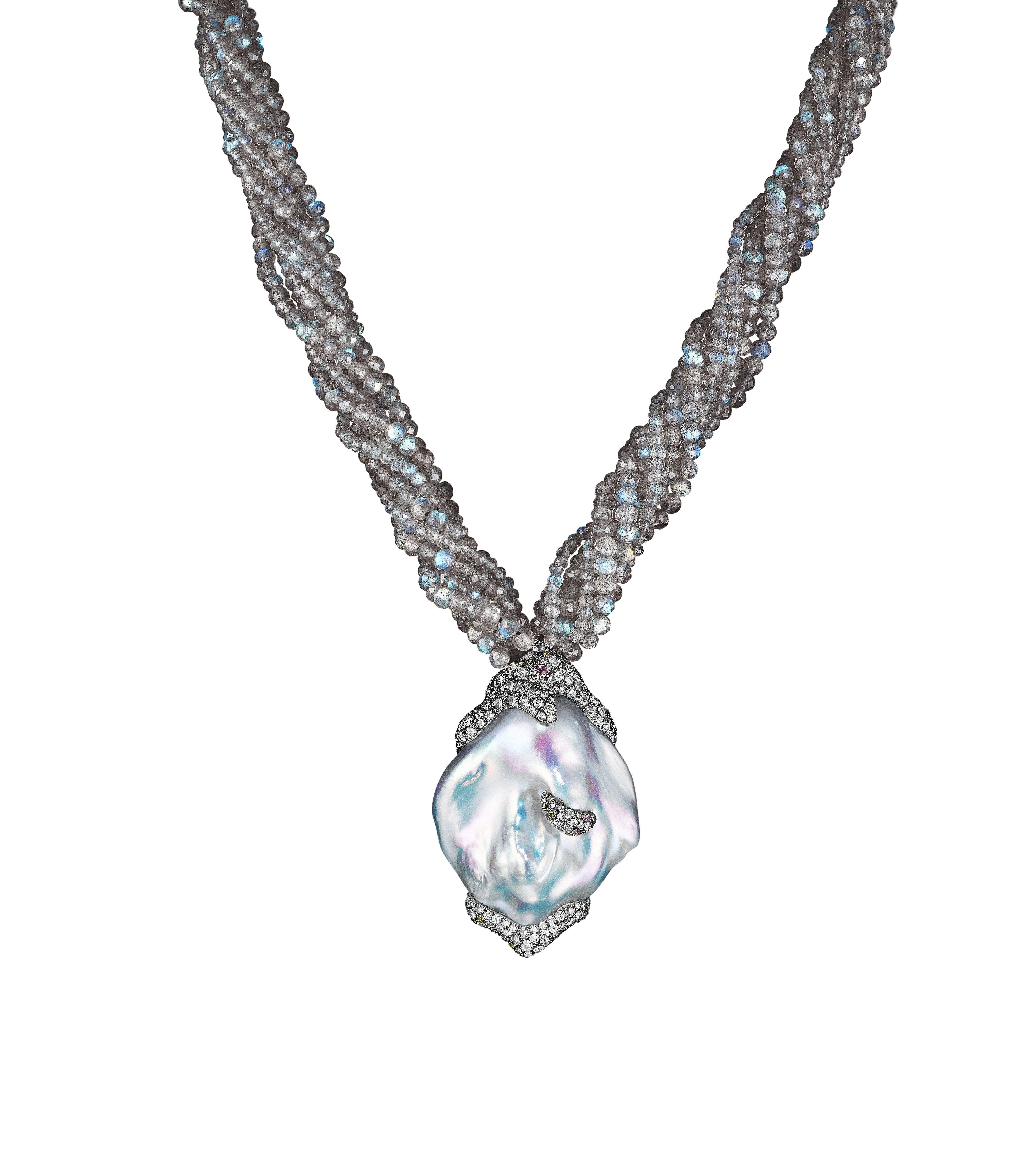 Naomi Sarna Diamond Pearl Labradorite Gold Necklace For Sale 1