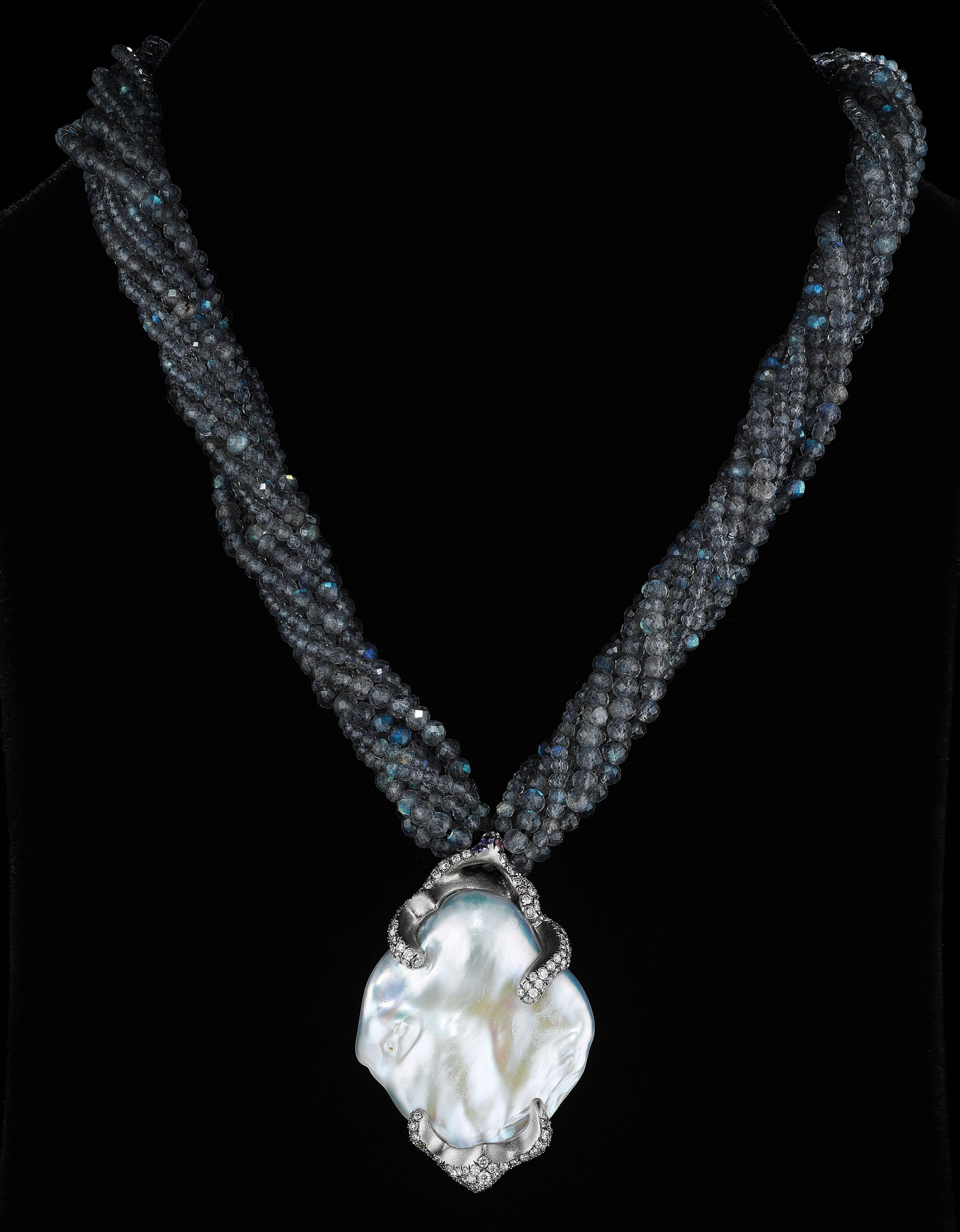 Naomi Sarna Diamond Pearl Labradorite Gold Necklace For Sale 3