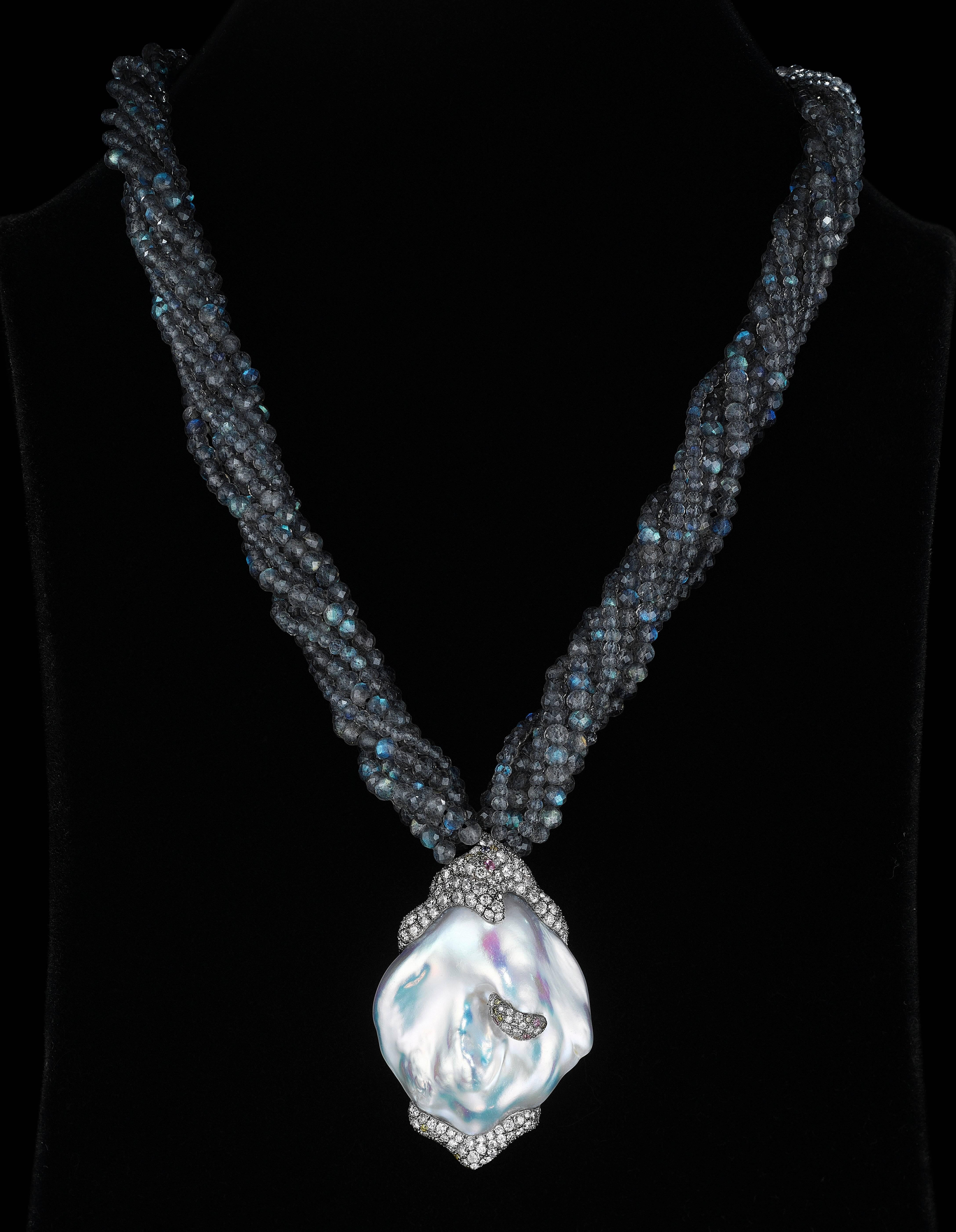 Naomi Sarna Diamond Pearl Labradorite Gold Necklace For Sale 5