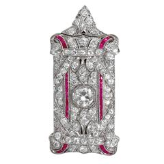 Art Deco Ruby Diamond Platinum Pendant Brooch