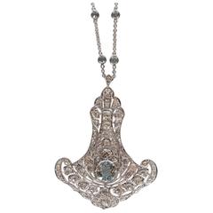 Magnificent Art Deco Aquamarine Diamond Gold Platinum Pendant Necklace