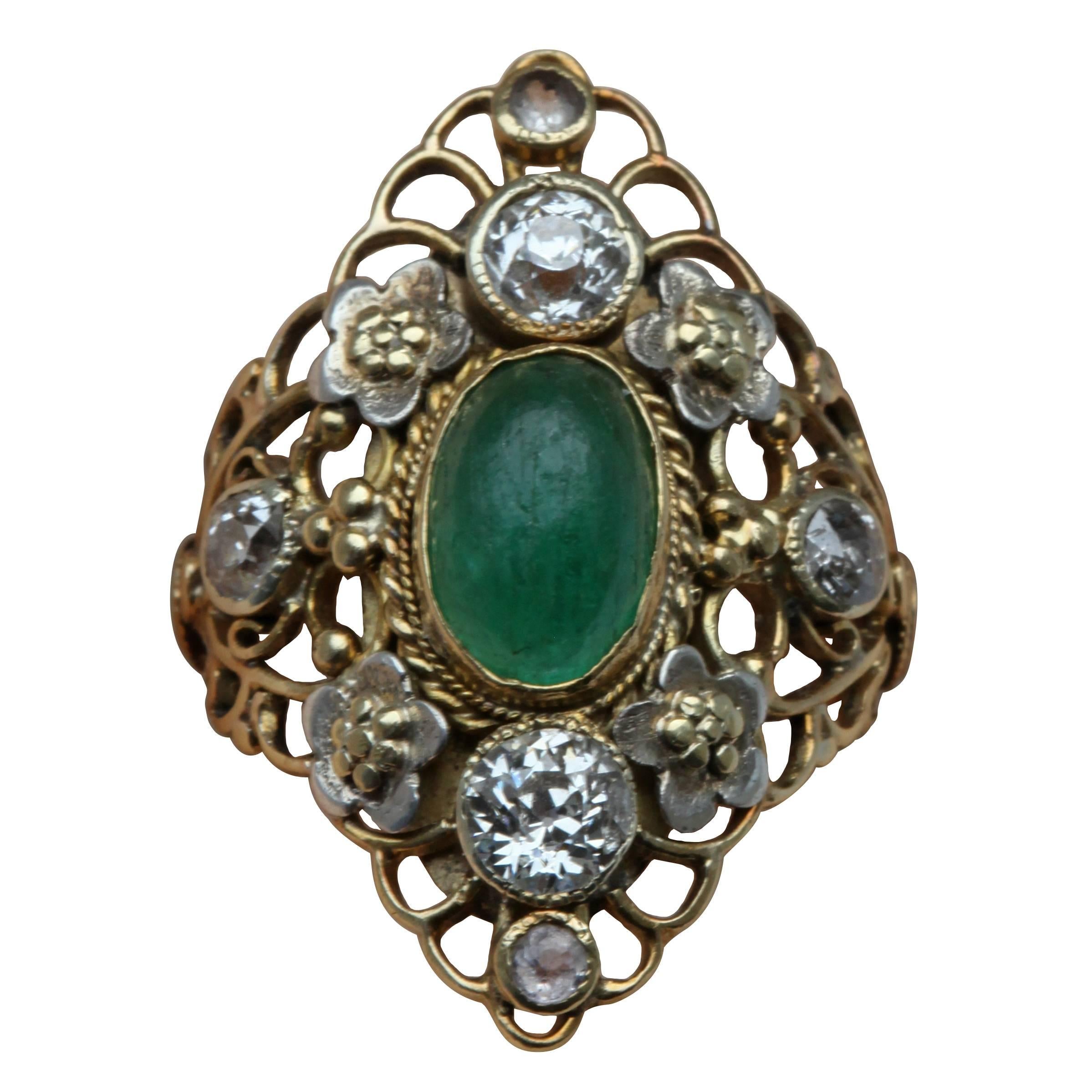 Arthur & Georgie Gaskin Superb Emerald Diamond Arts and Crafts Ring For Sale
